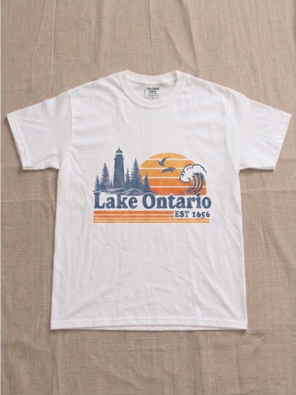 White Lake Ontario Graphic Tee with Orange & Navy Print